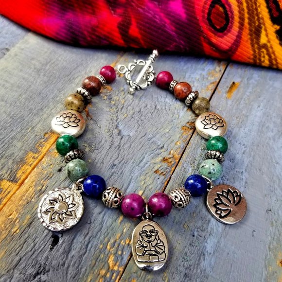Hand Crafted Jewelry - Artisan Hand Crafted Bracelet Stone Beads Buddha Lotus Flower Sunburst Charms